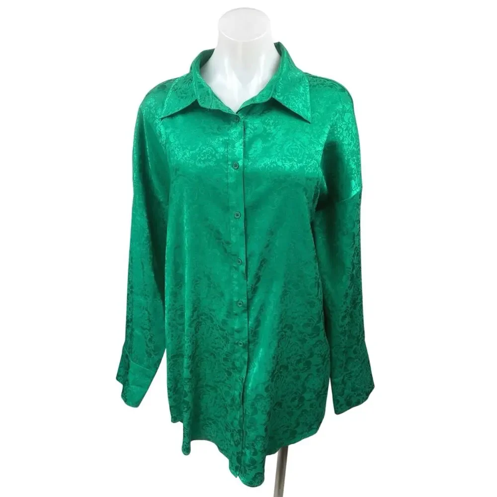 12th Tribe Green Silky Satin Floral Long Sleeve Button Down Mini Shirt Dress M